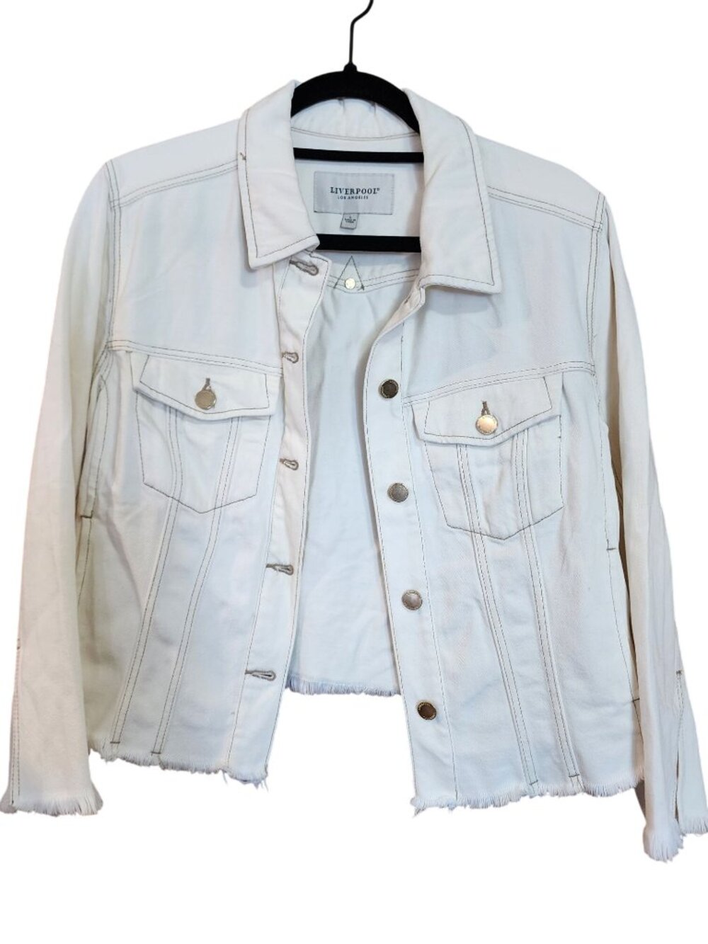 Liverpool Ecru Denim Jean Jacket Raw Hems Cropped Womens Size L